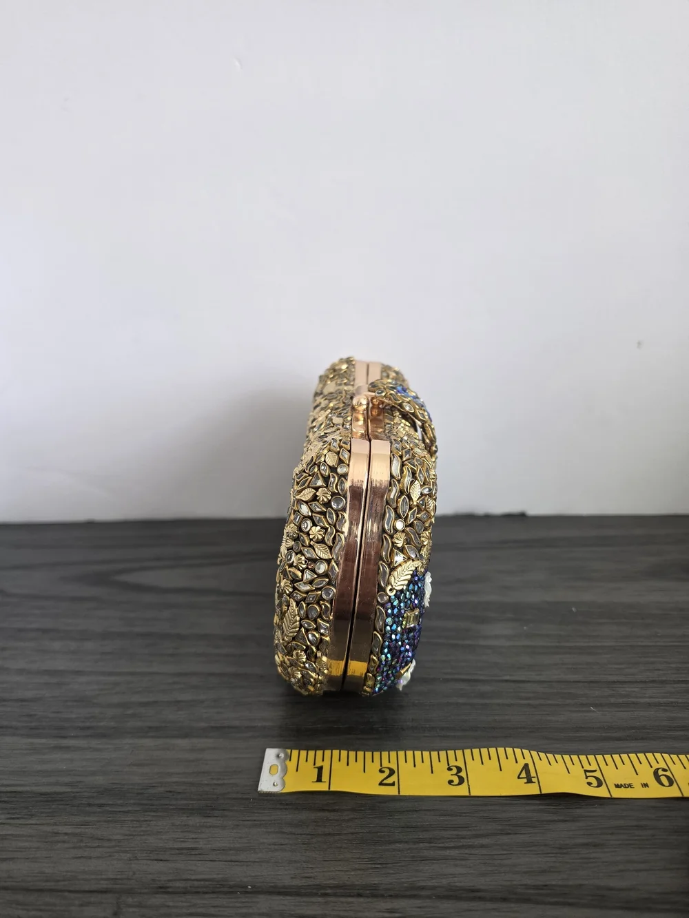Luxury Beaded Crystal Clutch Bag | Gold Leaf & Teal Iridescent Evening Purse
